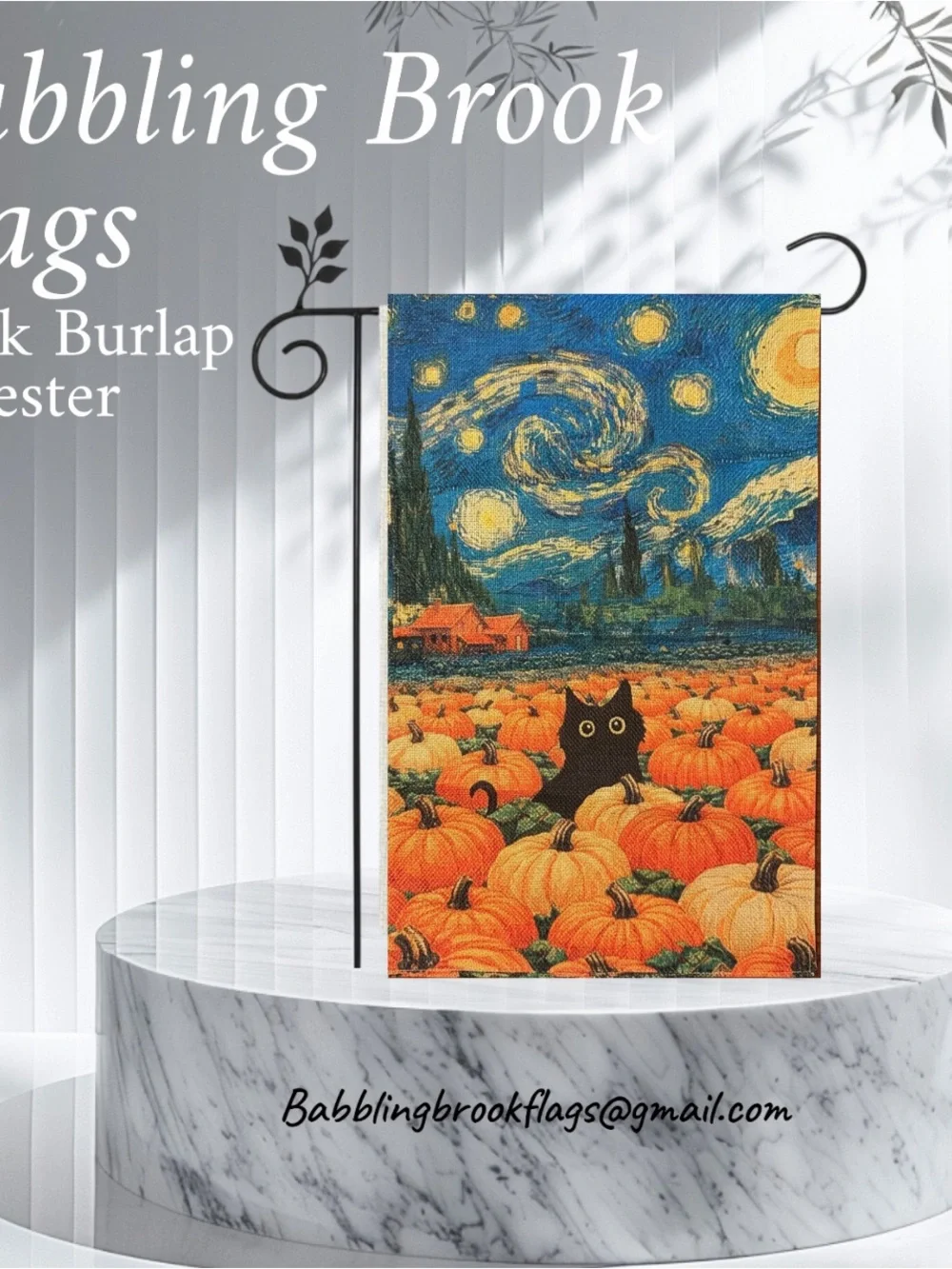 Garden Flag, Starry Night Black Cat Pumpkin, 12”x18”, Burlap double-sided